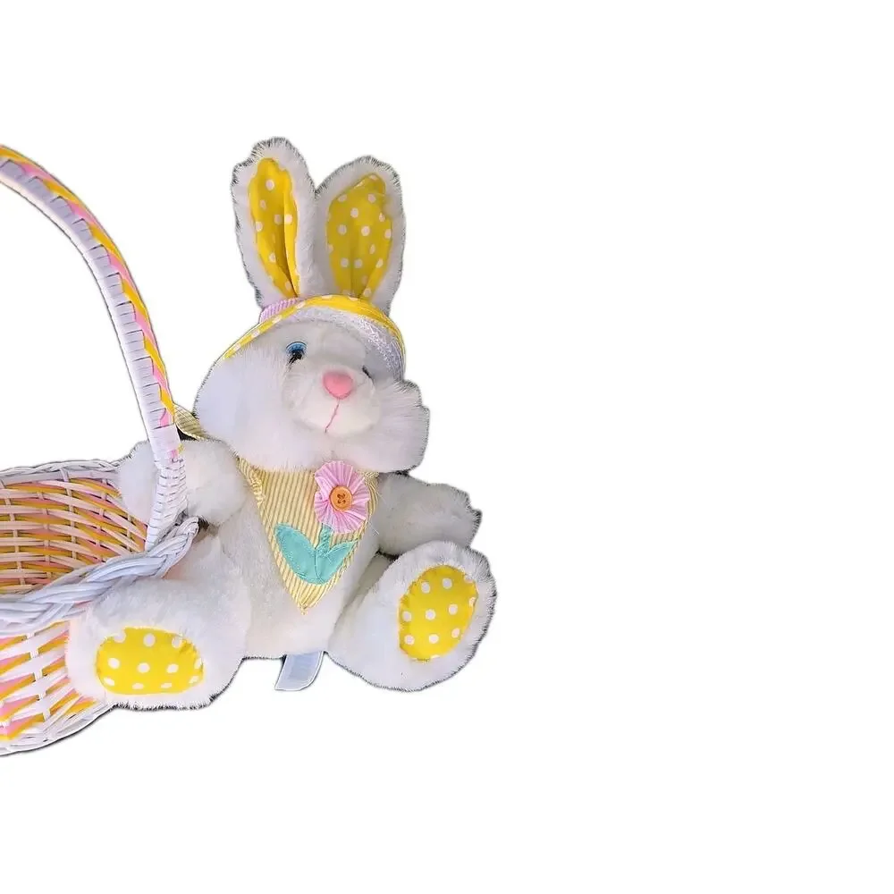 Vtg Easter Bunny Plush Rabbit Wicker Basket Set White Yellow Polka‎ Dot 90s Y2K